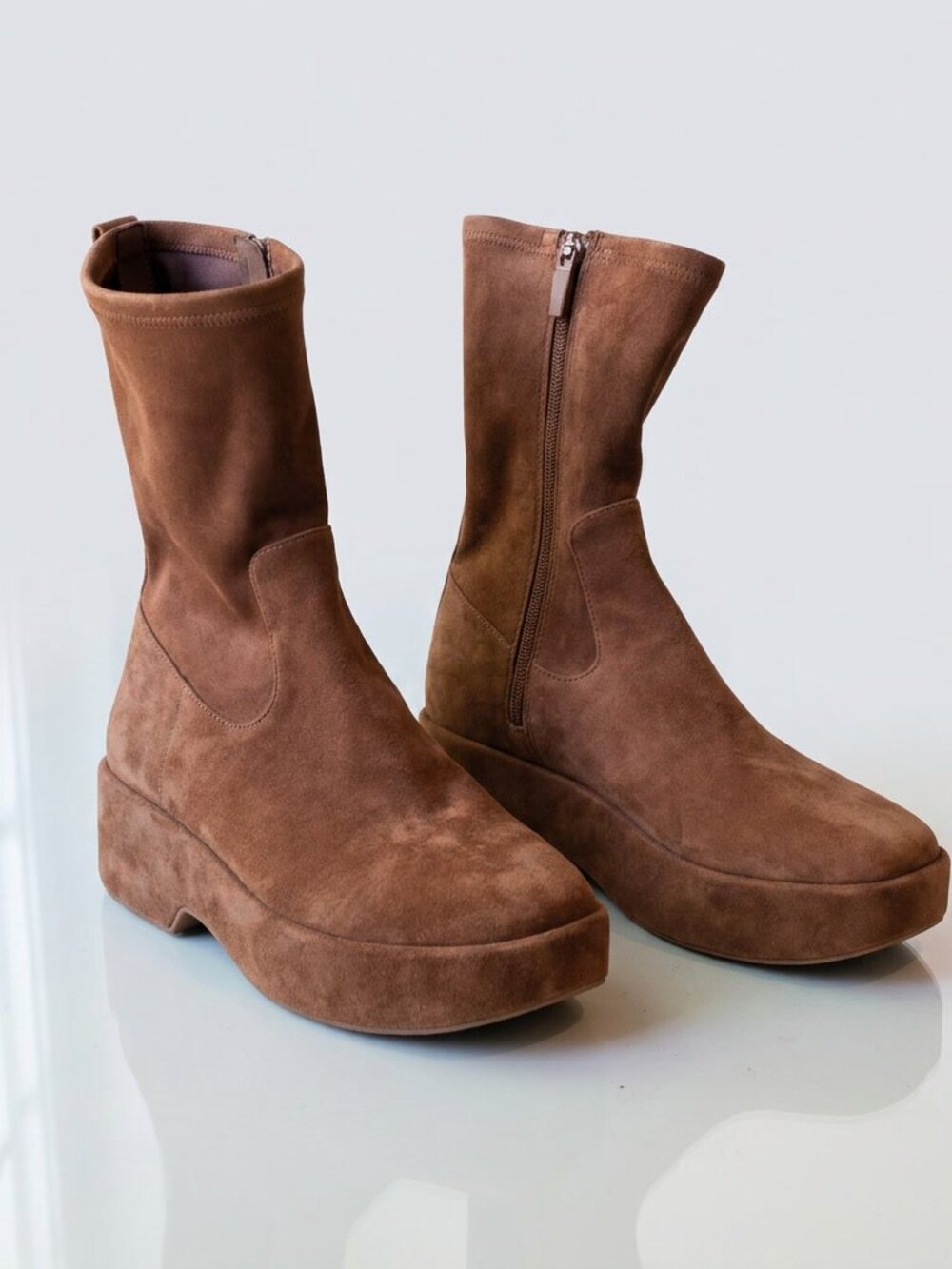 Fitflop F-LUMA Stretch Suede Demi-Wedge Mid-Calf Boots Rich Brown Size EU 38